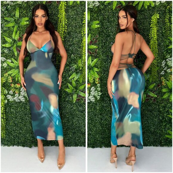 SHEIN SXY Summer Tie-Dye Print Butterfly Sexy Halter Bodycon Dress NWT Large - Picture 1 of 10